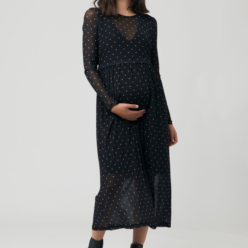 Ripe Maternity Black Sheer Polka Dot Midi Dress